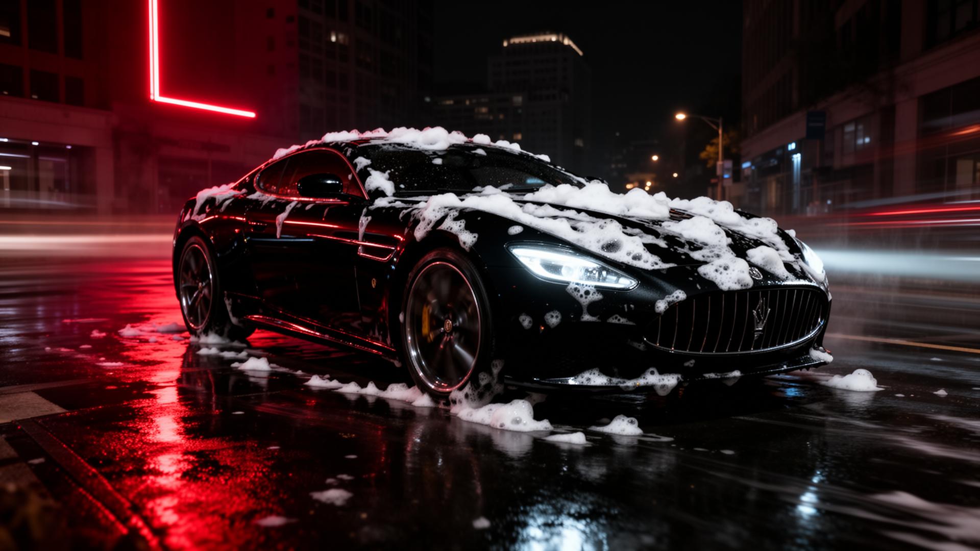 Luxury black sports car covered in foam under Atlanta neon glow